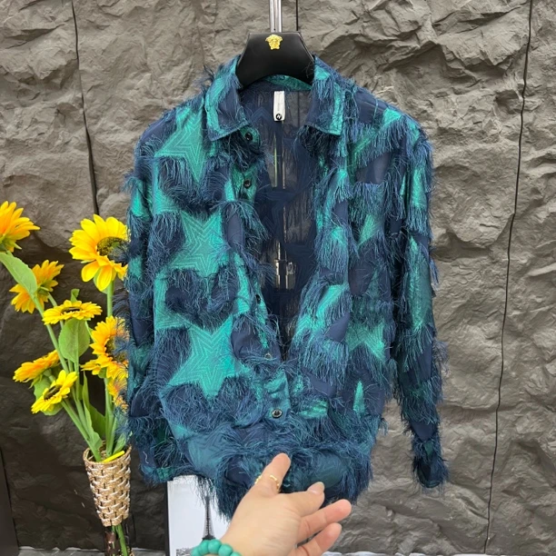 长袖透气薄款宽松流苏夏季男衬衫扎染男士时尚百搭韩版1988