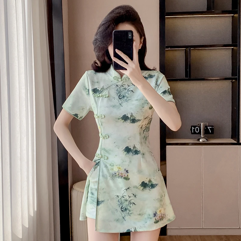 2025春夏新款国风两件套新中式气质改良旗袍盘扣连衣裙短裤套装裙