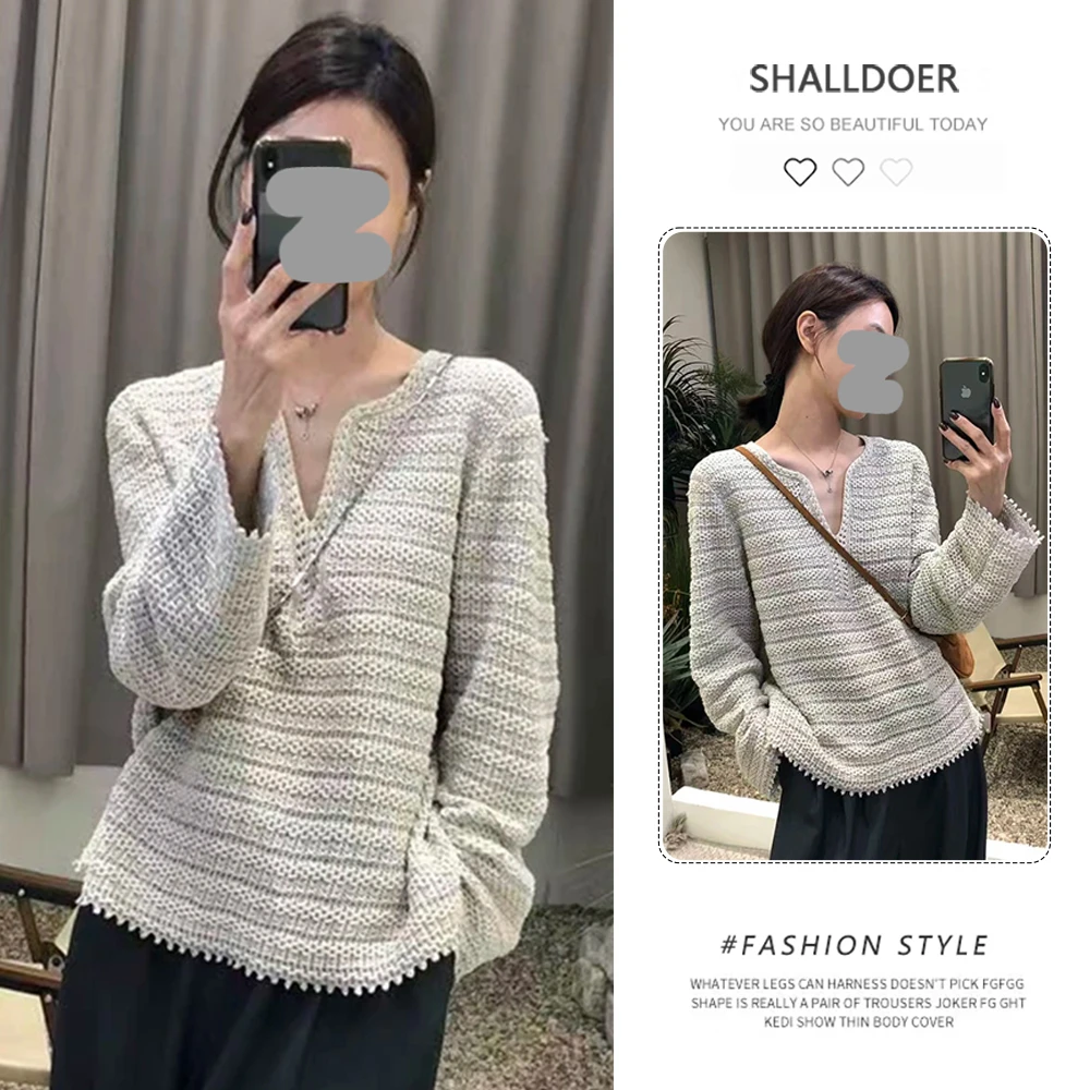 2025时尚新款V领长袖针织衫宽松套头衫上衣