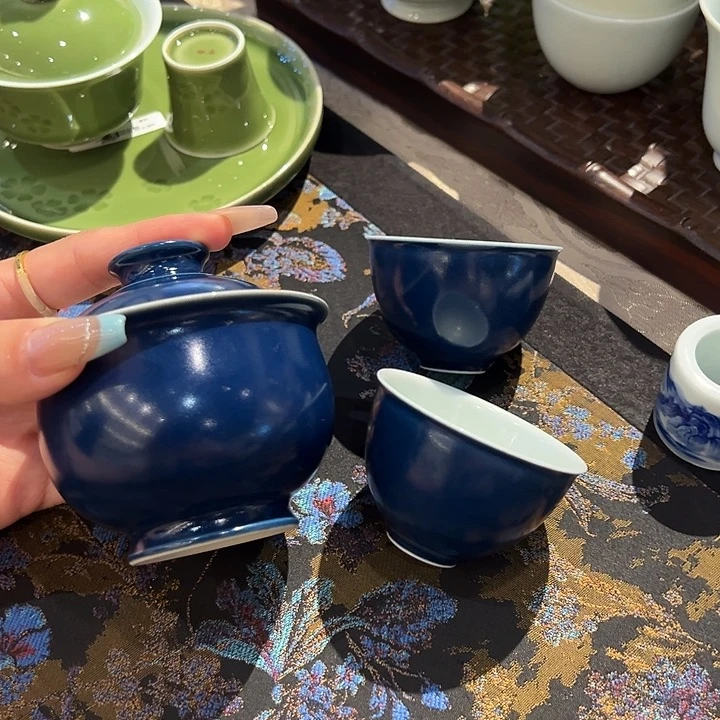 预售堂钟正窑宝石蓝一盖碗两杯