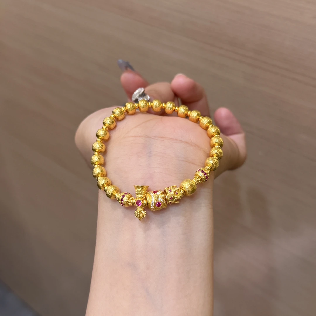 【菠萝珠宝】足金999 古法锤纹苹果珠醒狮手串 金重：37.02克