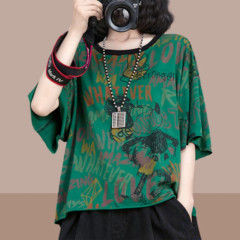 图案短袖圆领t恤女2025新款夏季休闲时尚百搭显瘦宽松小众上衣女