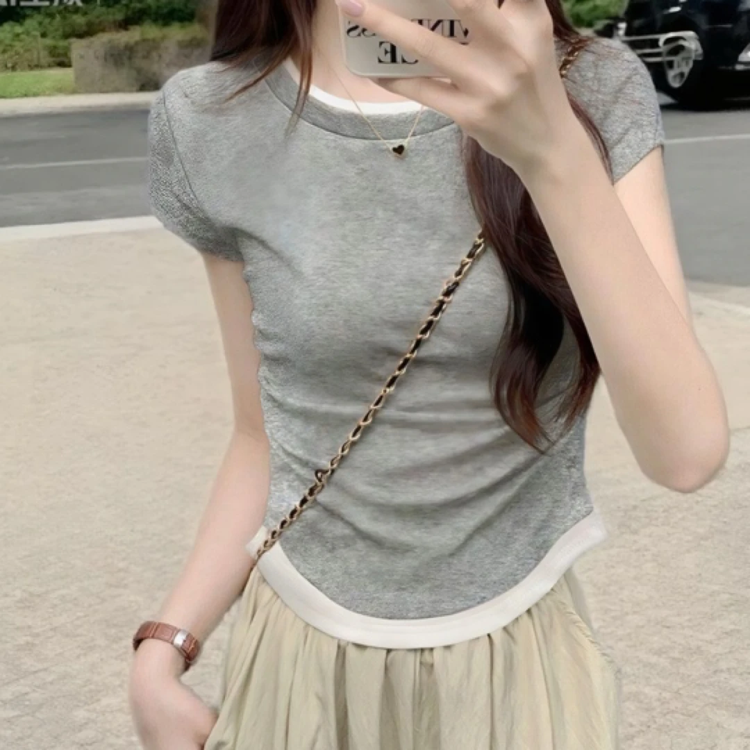 假两件短袖t恤女夏季修身显瘦褶皱收腰设计感正肩短款拼接上衣潮