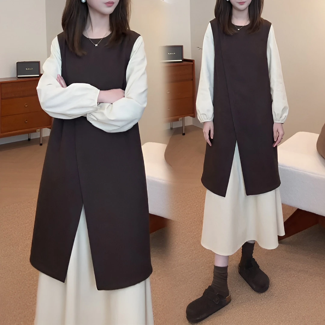 法式小个子穿搭设计感假两件长袖连衣裙女秋冬新款宽松休闲A字裙