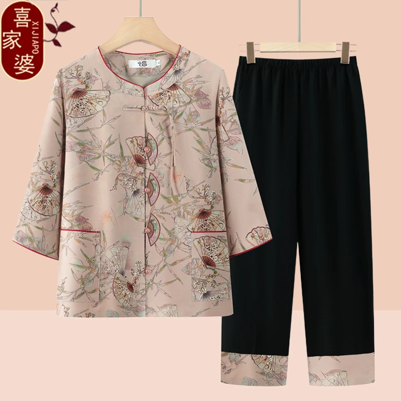 新国风中老年人夏季女奶奶套装衣服妈妈装夏装上衣老人老太太套装