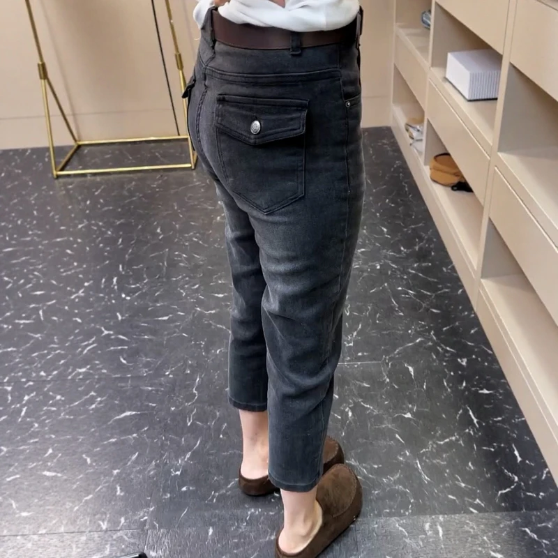 大码女装复古百搭直筒牛仔裤女2025秋季新款高腰弹力显瘦烟管裤子
