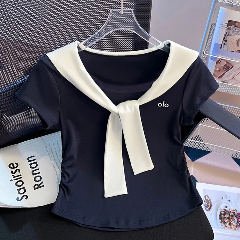 卡莲格/假两件披肩撞色圆领短袖T恤女夏季胖mm减龄显瘦海军风上衣