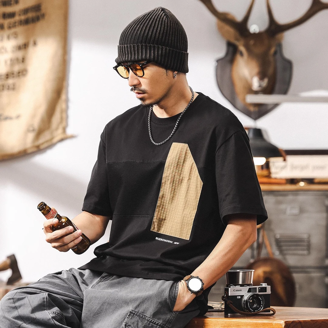 美式复古230g重磅短袖男士t恤夏季潮流拼接高级感半截袖男装体恤