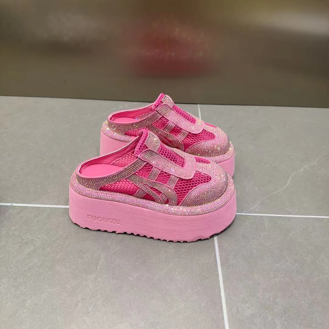 2025夏季新款真皮网面水钻透气松糕厚底增高包头拖鞋凉拖鞋女鞋