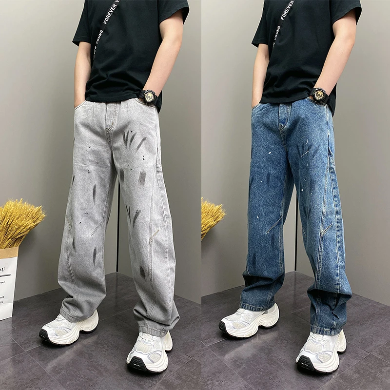 美式高街泼墨牛仔裤男春秋季设计感宽松直筒长裤潮牌嘻哈阔腿裤子