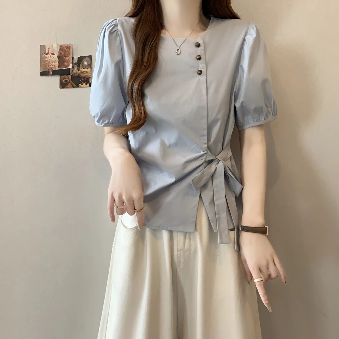 设计感系带蝴蝶结短袖衬衫女夏季大码胖mm显瘦遮肚子收腰短款上衣