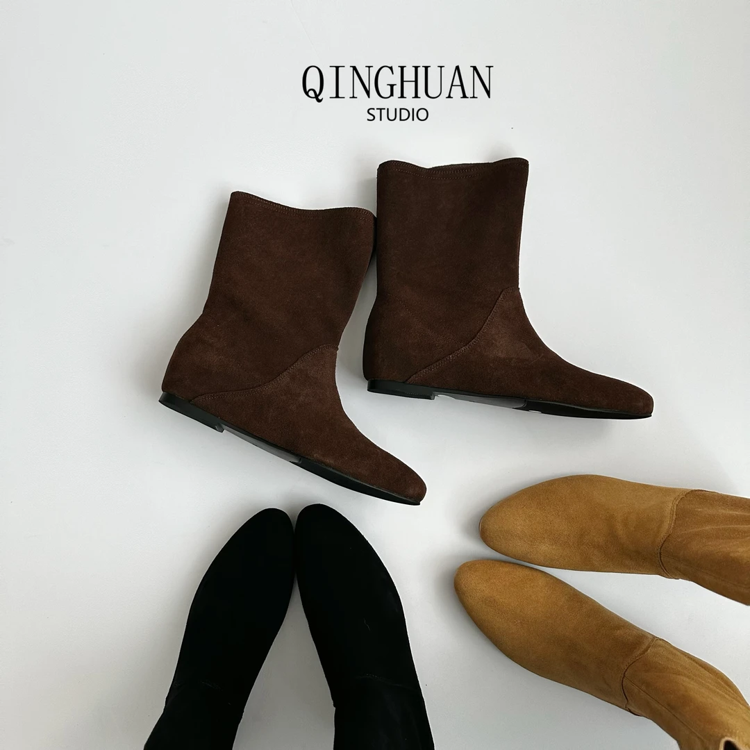 【清欢3店】法式百搭牛翻皮斜口短靴 | 真皮圆头内增高|4CM