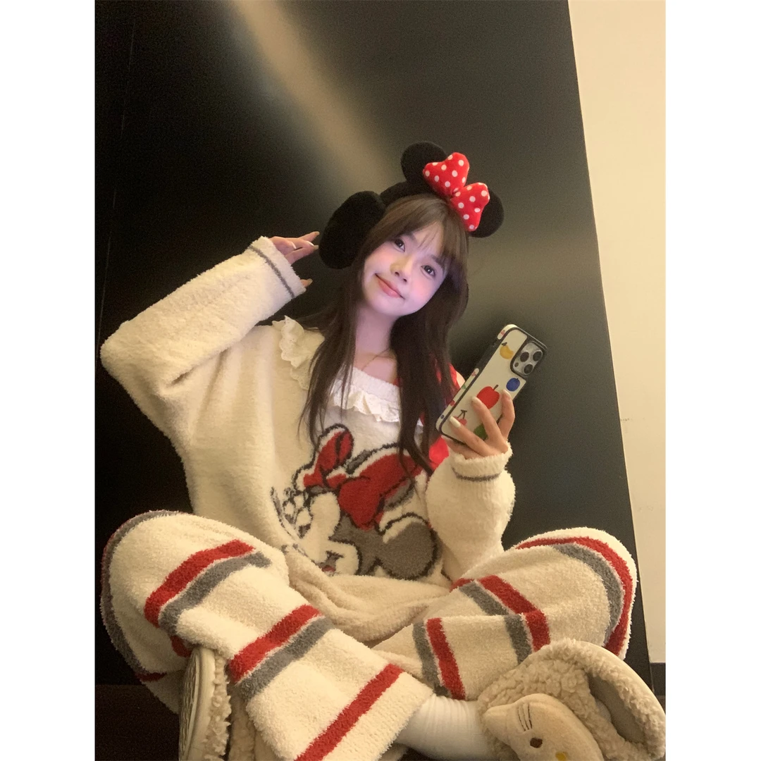 韩版甜美可爱米奇蕾丝花边半边绒睡衣女秋冬季新款加厚家居服套装