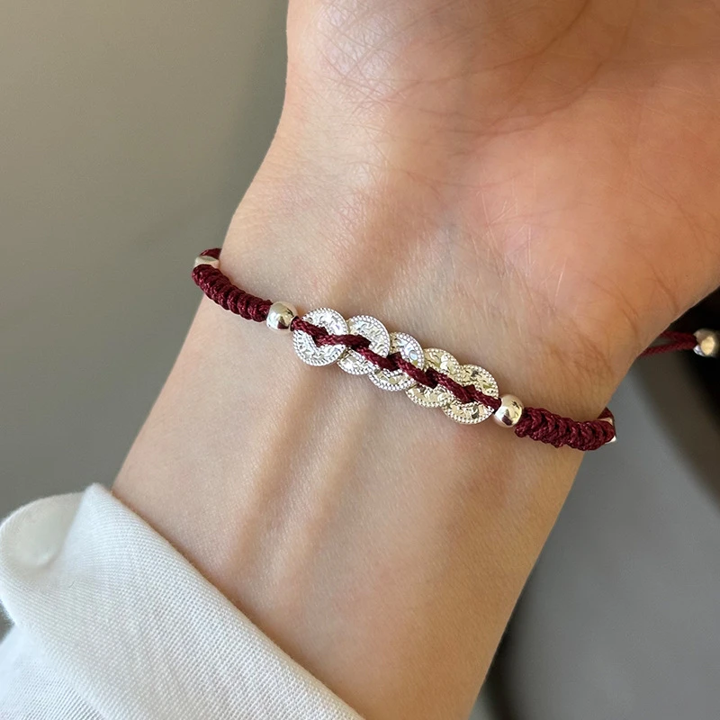 925银手链 925纯银碎碎冰钱币手绳手链女简约新中式设计时髦个性