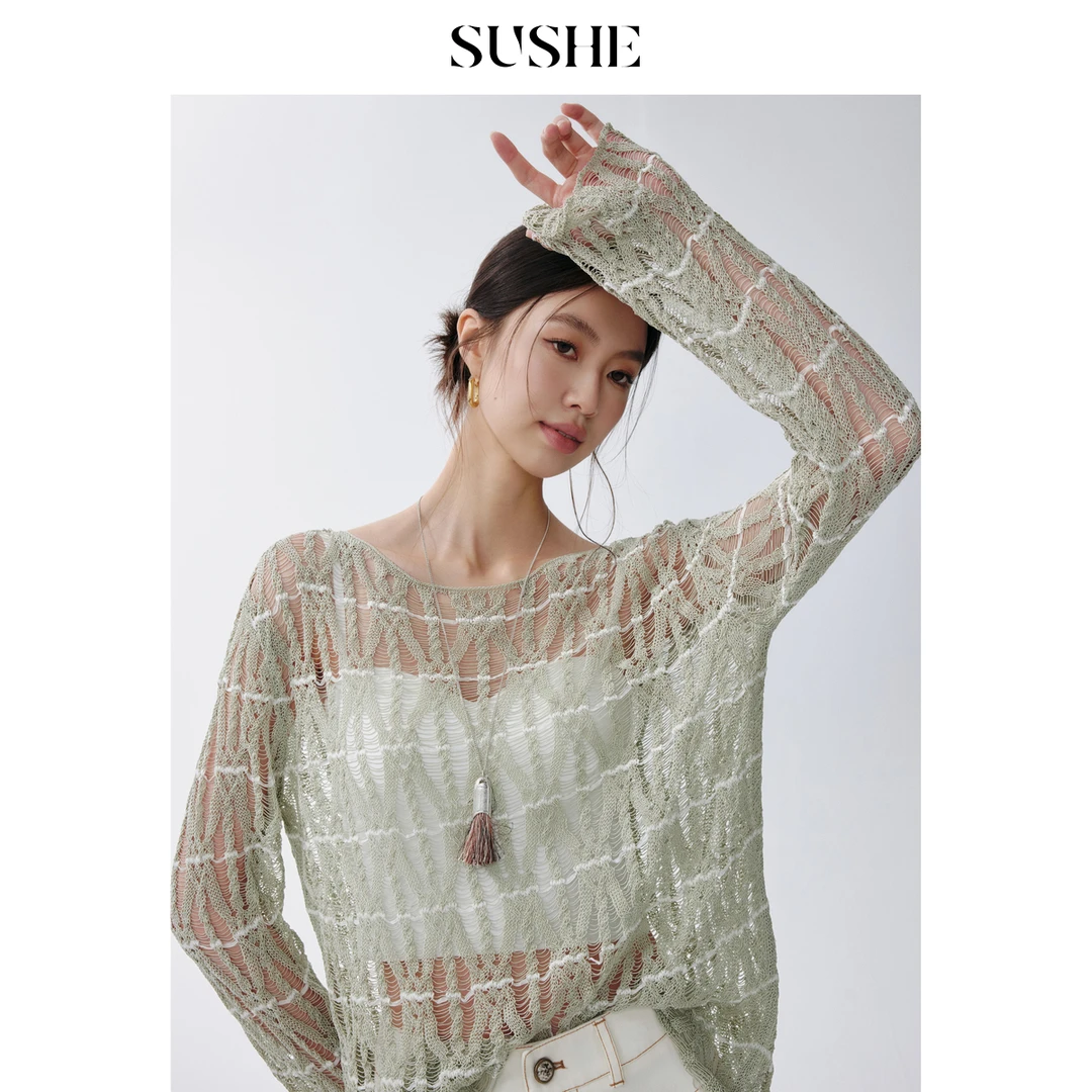 束皙SUSHE 沐风 慵懒风 双色弹力棉镂空多穿长袖宽松针织罩衫女