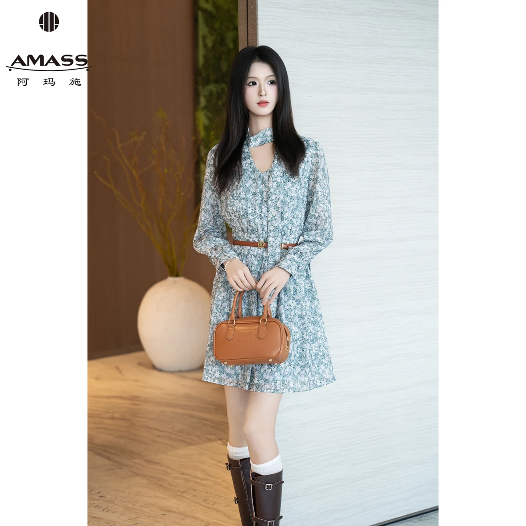 AMASS/阿玛施早秋新款时尚意式高腰收腰短款修身连衣裙印花550035