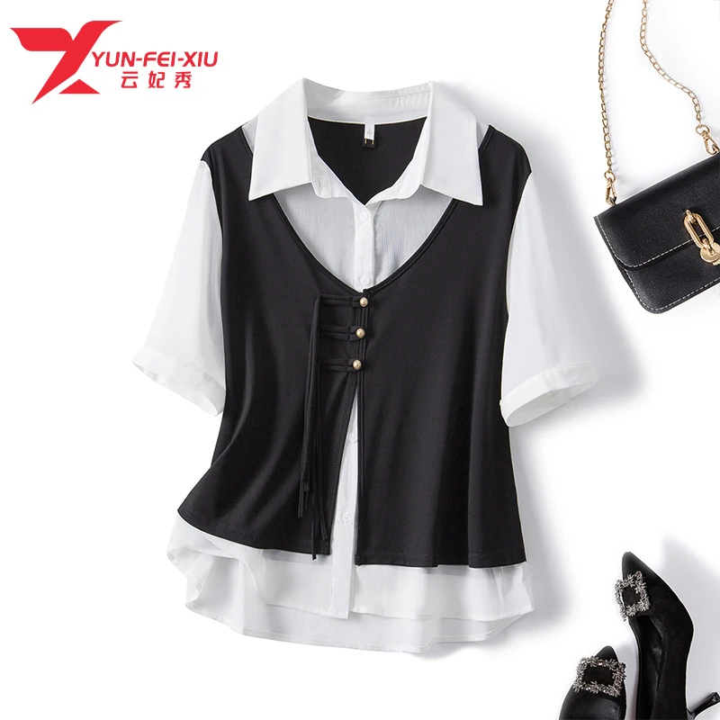 云妃秀大码女装衬衫简约撞色假两件微胖百搭时尚减龄休闲夏63140