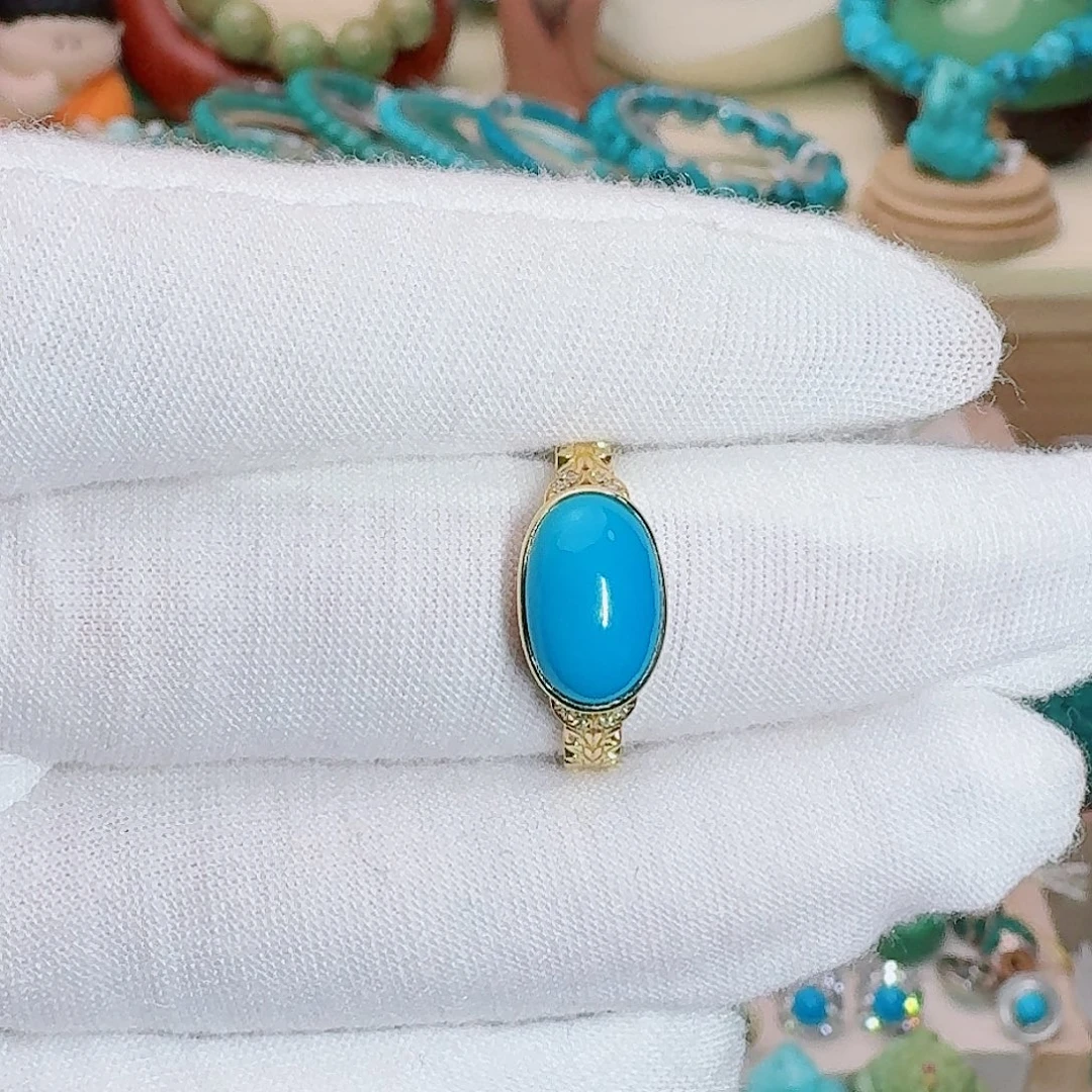 绿松石18K金镶嵌珠宝奇石饱满暴暴蓝戒指