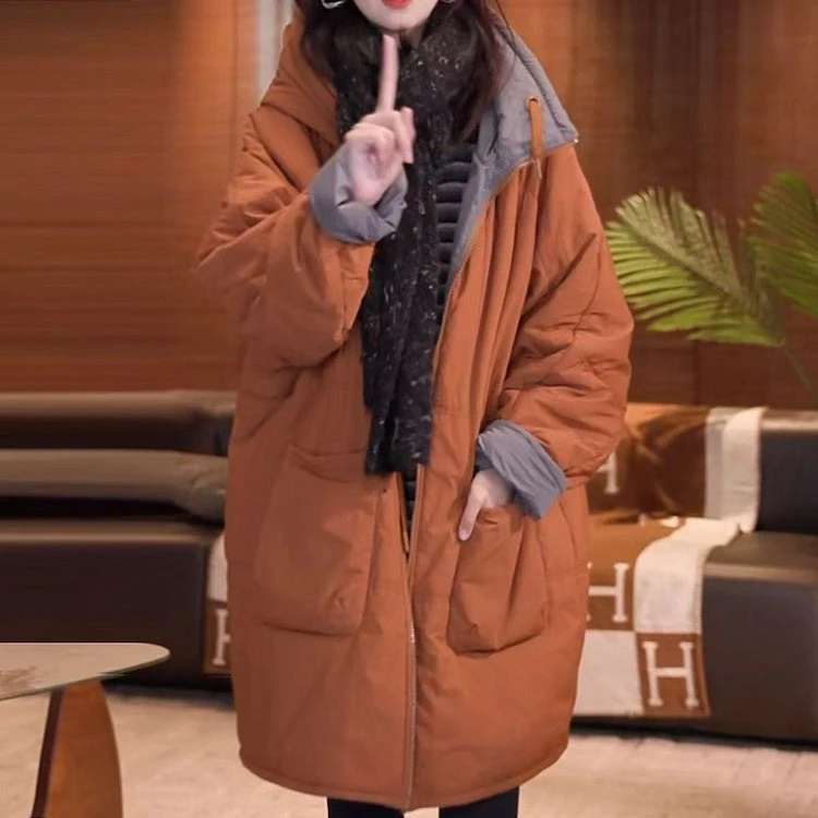 显白气质中长款双面穿连帽棉衣女冬季宽松慵懒时尚外套