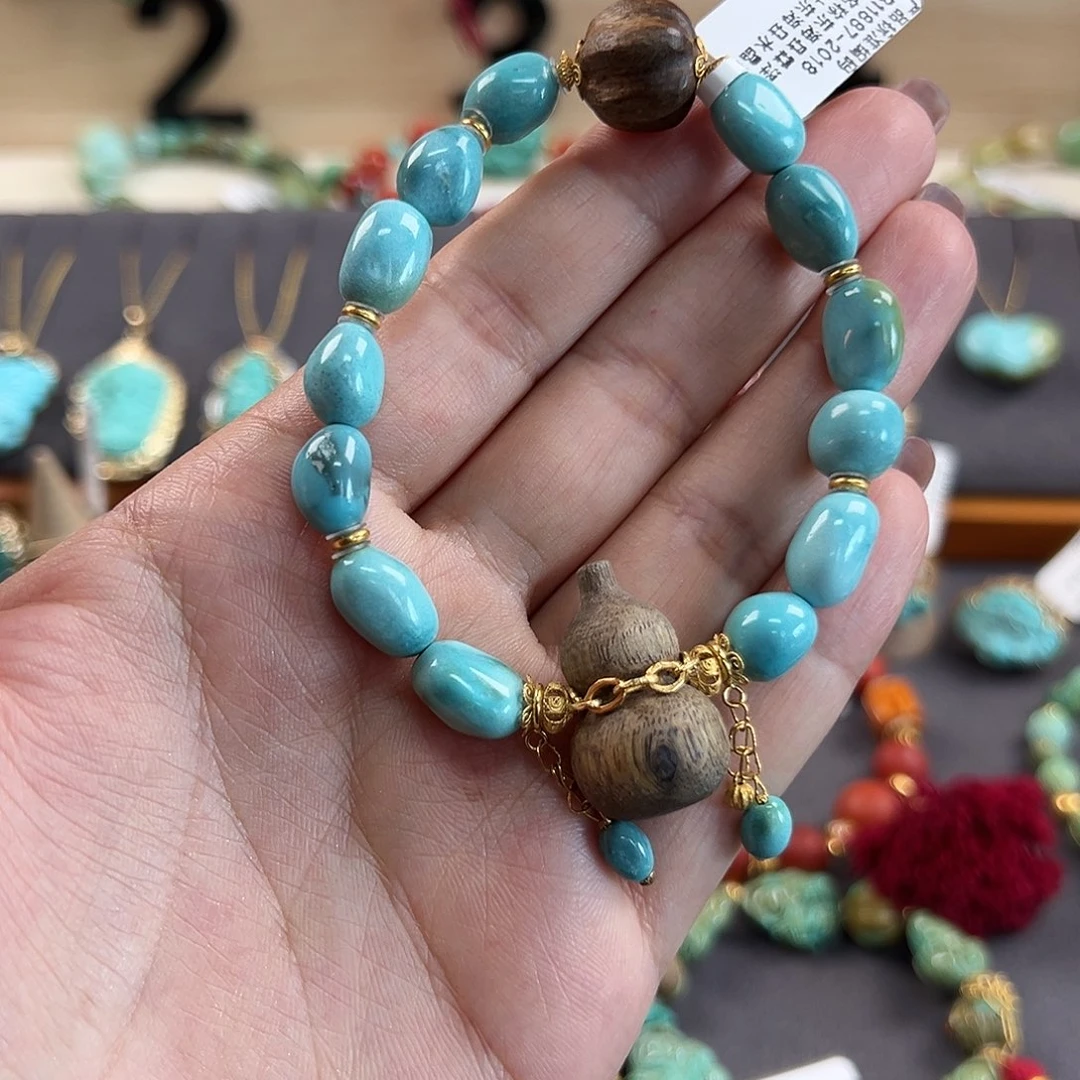 绿松石18K金镶嵌手串雾霾蓝糖豆手串