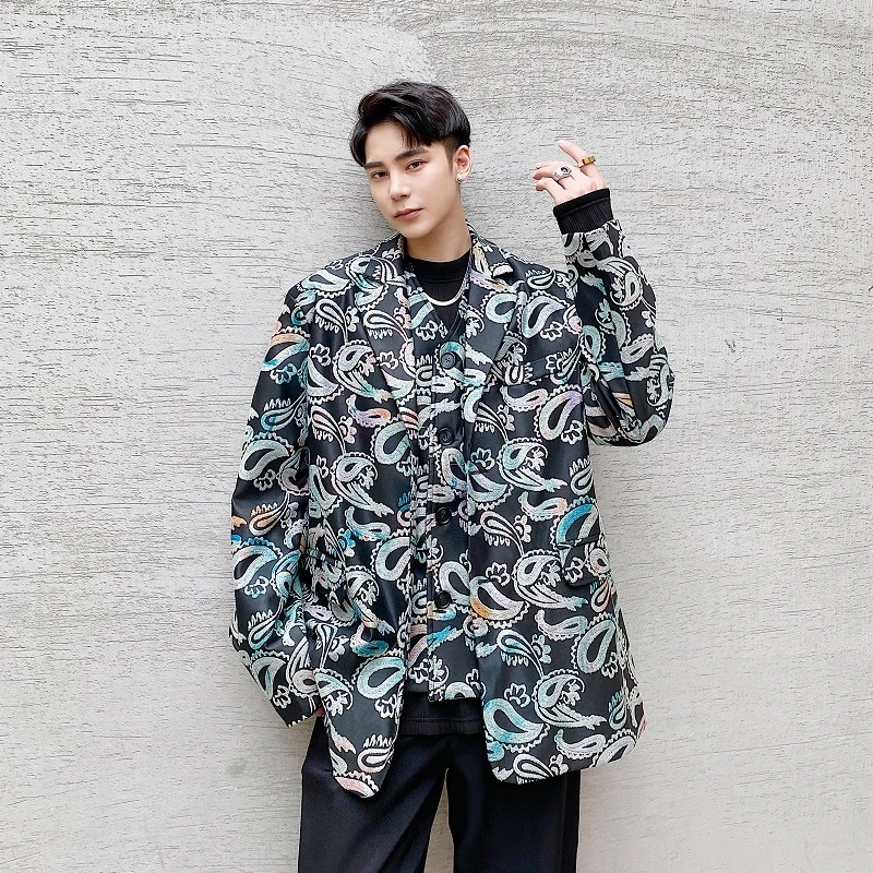 早秋痞帅西服男ins高级小众数码印花上衣外套休闲炸街发型师西装