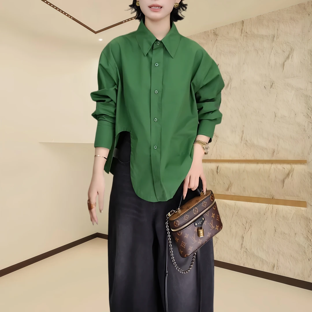 复古风单排扣下摆不规则衬衫2025早秋新款设计感宽松显瘦气质上衣