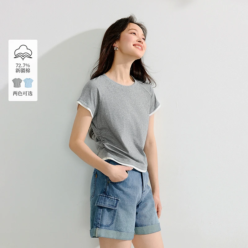 【欧若风新品】茵曼夏季假两件收腰修身显瘦T恤女休闲短袖气质上衣