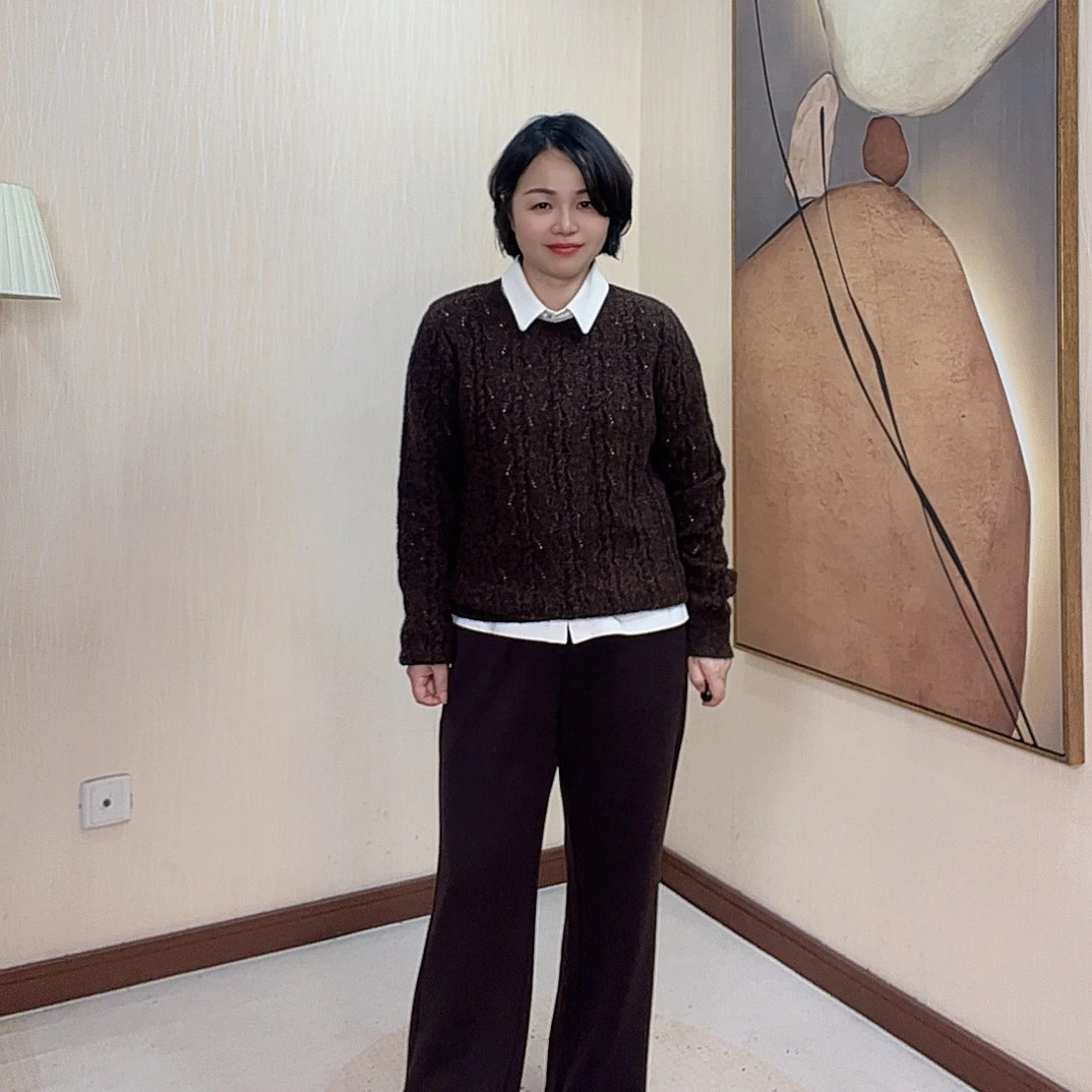 【嫩尼娅】小个子花纱羊绒羊毛针织衫女镂空圆领毛衣文艺绞花慵懒风