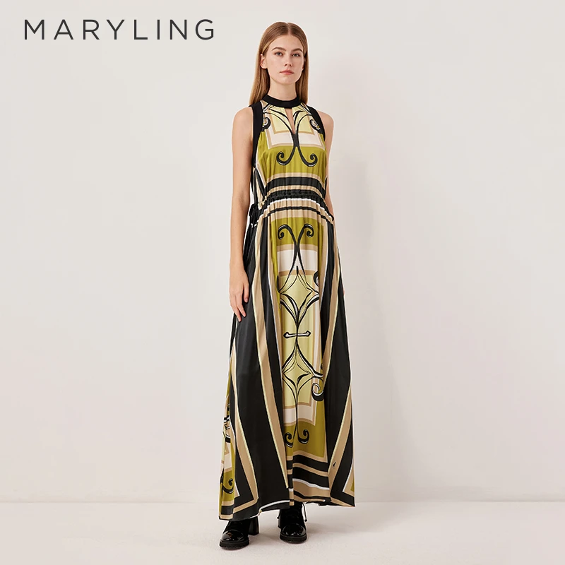 MARYLING玛俪琳2025秋季新品无袖圆领收腰印花连衣裙A1FGW61770
