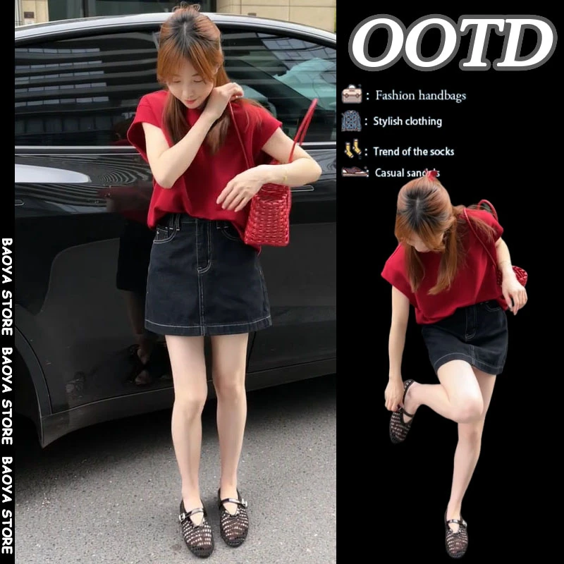 夏季穿搭一整套2025新款韩系设计感小飞袖上衣复古牛仔短裙两件套