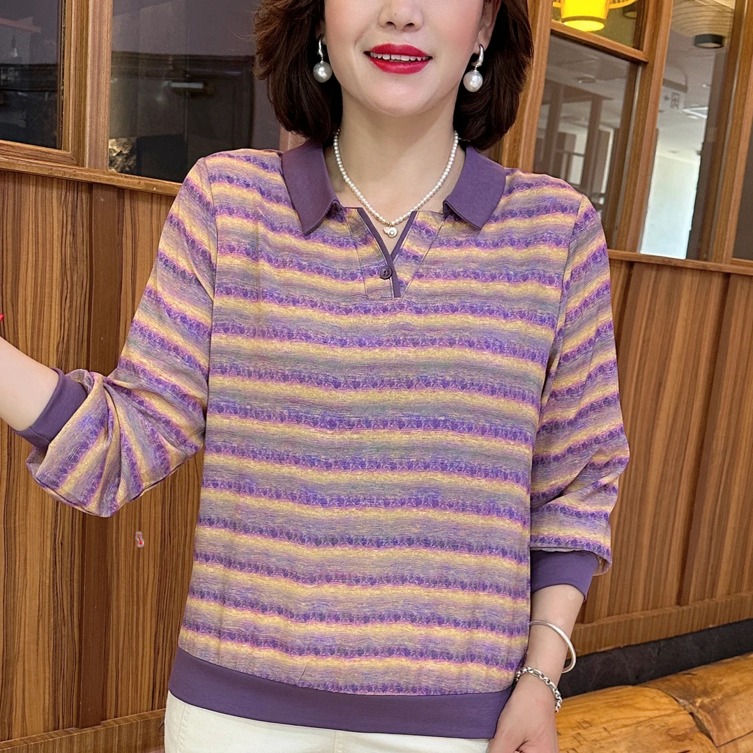 秋季剪刀领时尚条纹纽扣中老年女装长袖休闲百搭显瘦小衫 D5360