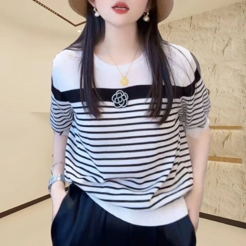 【拼接螺纹】时尚气质显瘦针织衫圆领条纹减龄上衣拼接撞色长袖衫