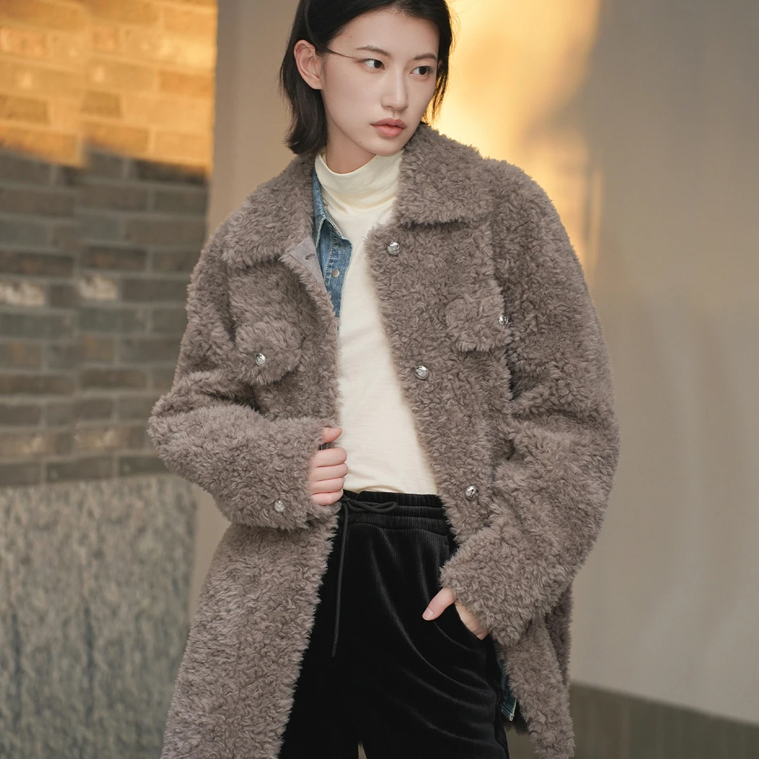 COVERINS冬季宽松衬衫式小香风时尚羊毛羊剪毛外套CC34510370