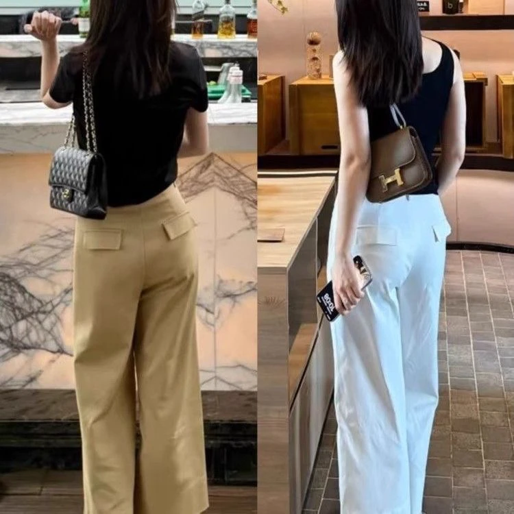 卡其色高腰直筒阔腿休闲裤女夏季新款显瘦梨形身材小个子九分裤