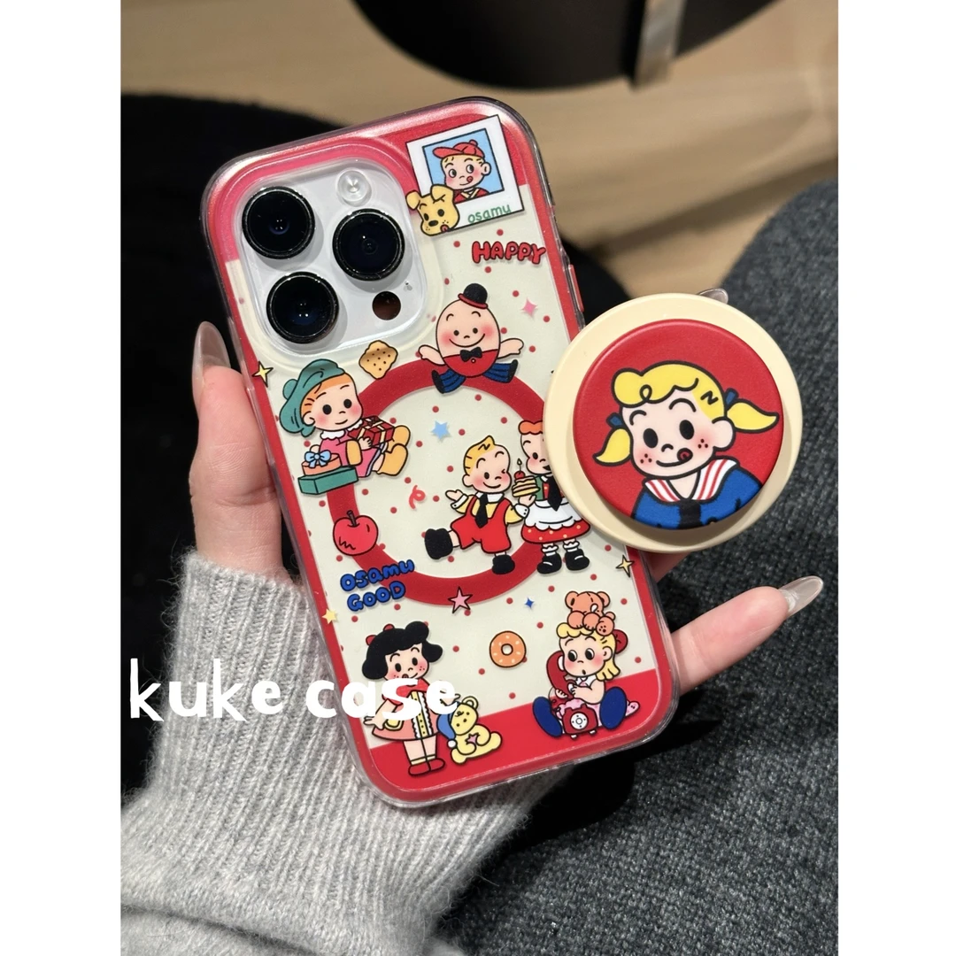 【适用苹果】ins可爱复古红原田治女孩二合一边框磁吸手机壳iPhone