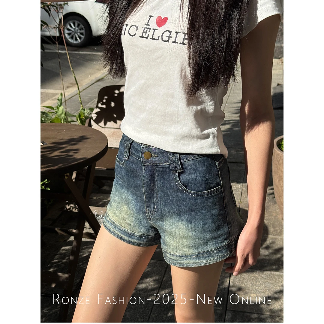 海洋之心初秋超短A版牛仔裤防走光巨显腿长蓝色复古女辣妹超短裤