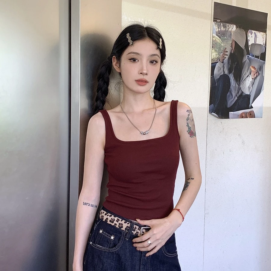 安哥拉红显白加绒吊带背心女早秋新款辣妹修身带胸垫针织保暖上衣