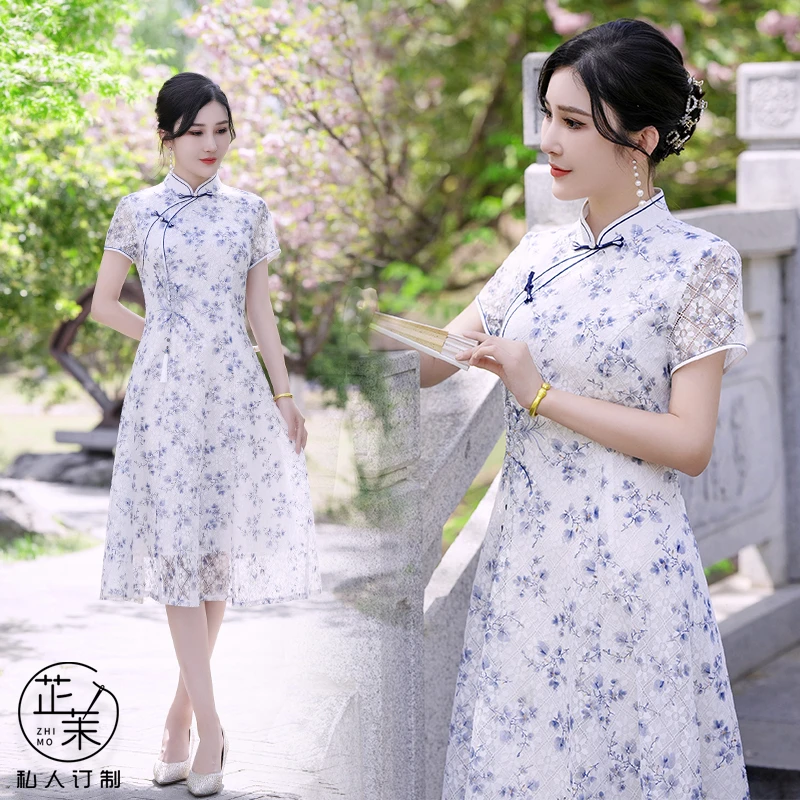 【烟兰】新中式改良旗袍女2025新款夏季蕾丝国风气质高端妈妈连衣裙