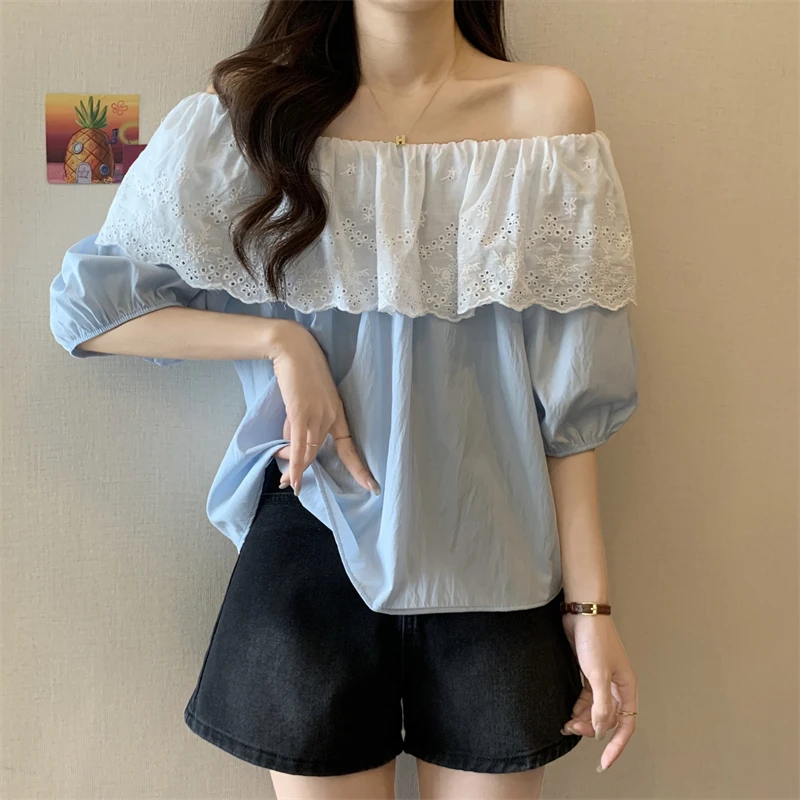 2025新款法式甜美减龄荷叶边一字肩拼色蕾丝高级感上衣洋气设计感