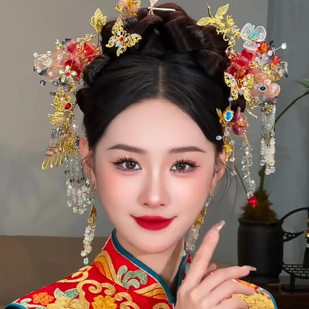 z8188新娘婚嫁饰品红金色分体中式秀禾头饰减龄气质百搭