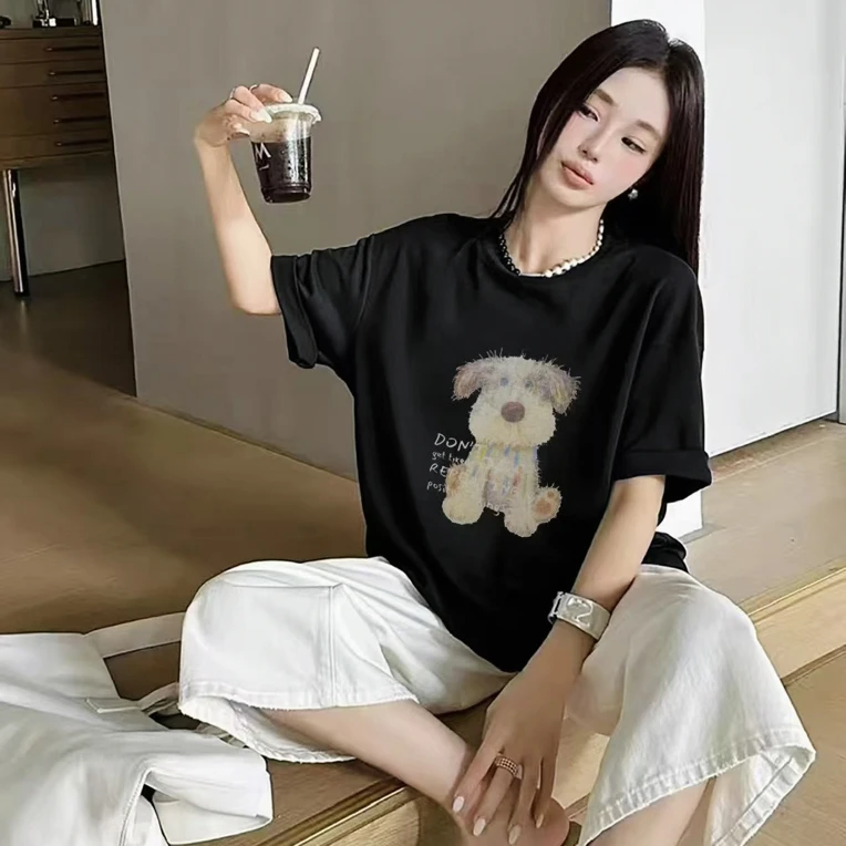 2026夏季新款创意潦草小狗卡通印花设计感短袖t恤女宽松显瘦上衣