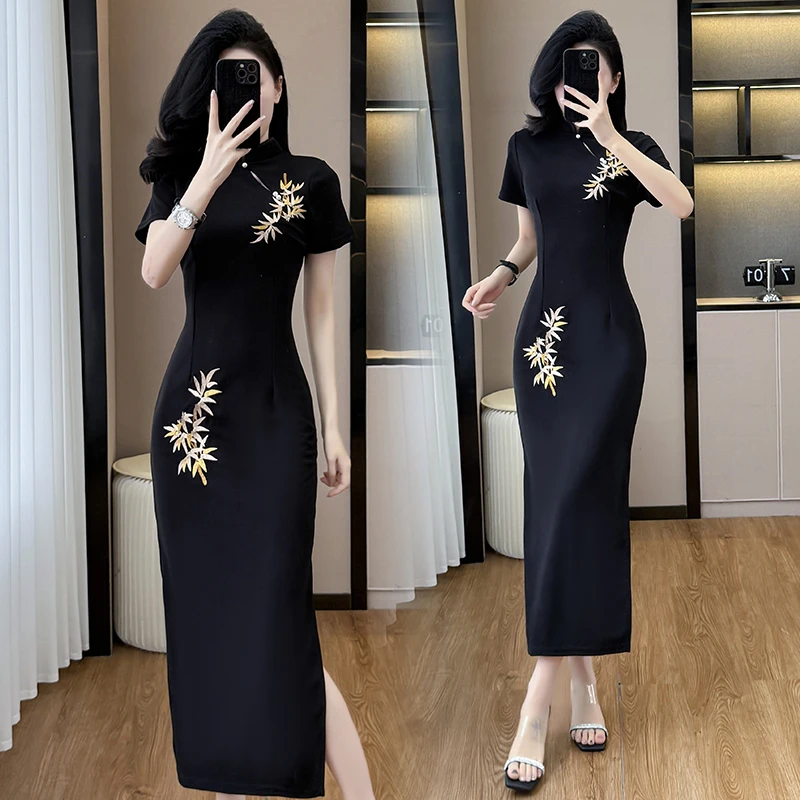 2025夏季新款新中式国风旗袍短袖刺绣金竹时尚显瘦气质连衣裙