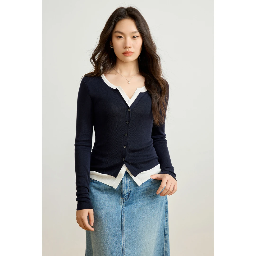 独束微胖大码女装假两件撞色针织开衫通勤质感内搭上衣25DS81114