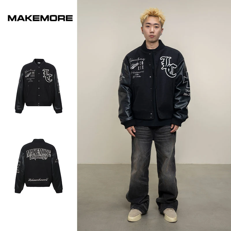 Makemore棒球服{高级黑毛巾绣}毛呢夹棉美式街头休闲潮酷夹克外套