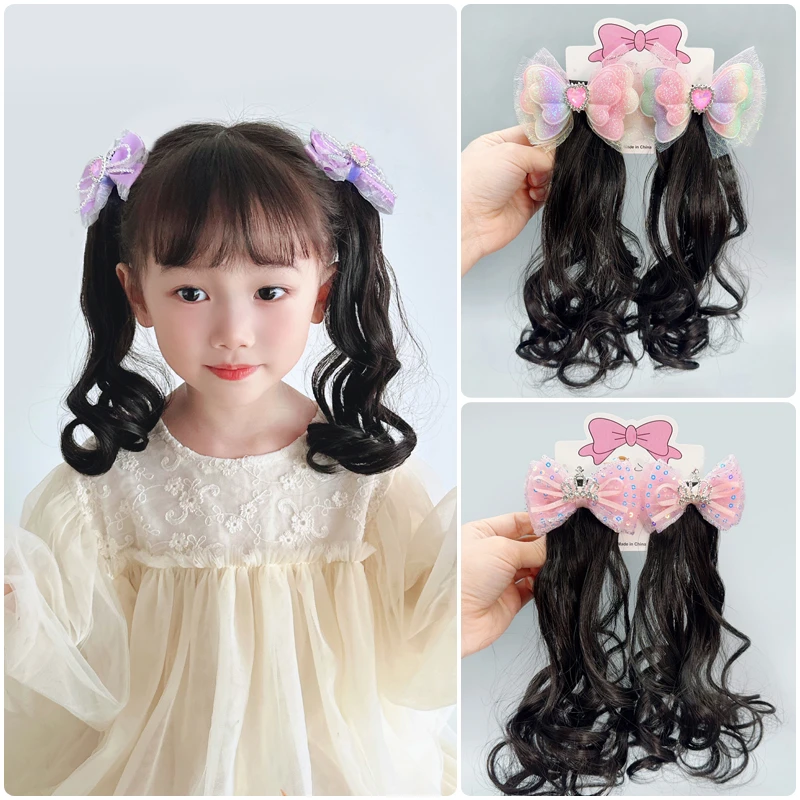 新款儿童波浪卷仿真假发对夹可爱小女孩蝴蝶结百搭女童头饰发夹