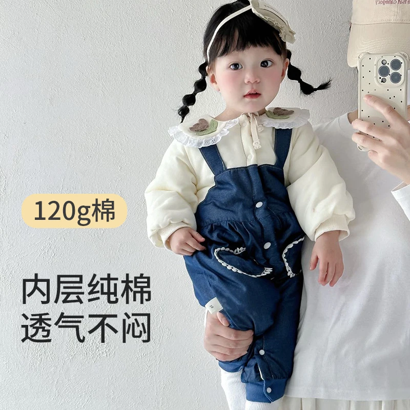 婴儿男女宝宝120克衣服可爱背带假两件秋冬薄棉连体衣爬服哈衣