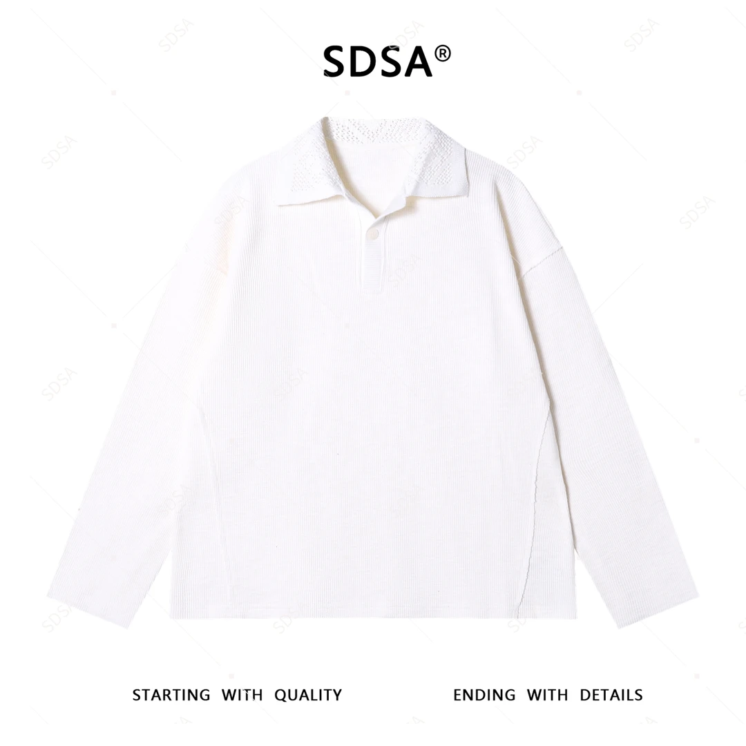 SDSA男士2025新款轻奢痞帅男装纯色翻领长袖T恤简约时尚百搭上衣