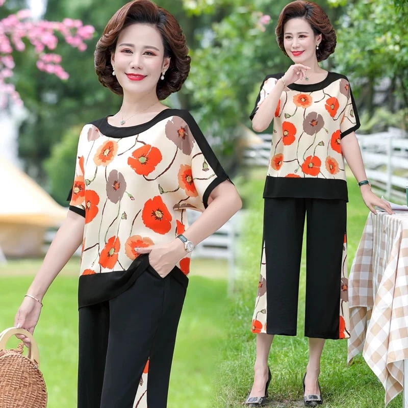 【套装】妈妈夏装新款上衣女装中老年夏季雪纺洋气短袖T恤两件套