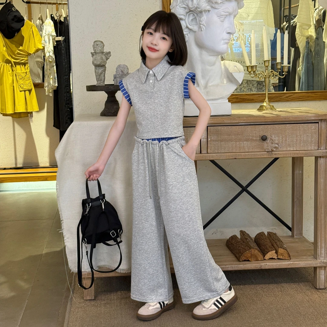 女童拼蓝色条子套装夏装新款POIO衫夏季无袖套装阔腿裤夏季两件