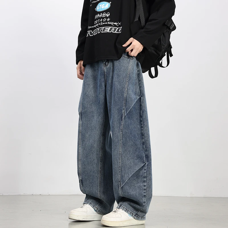 黑色牛仔裤男夏美式潮牌百搭显瘦宽松阔腿裤子高街褶皱设计感长裤